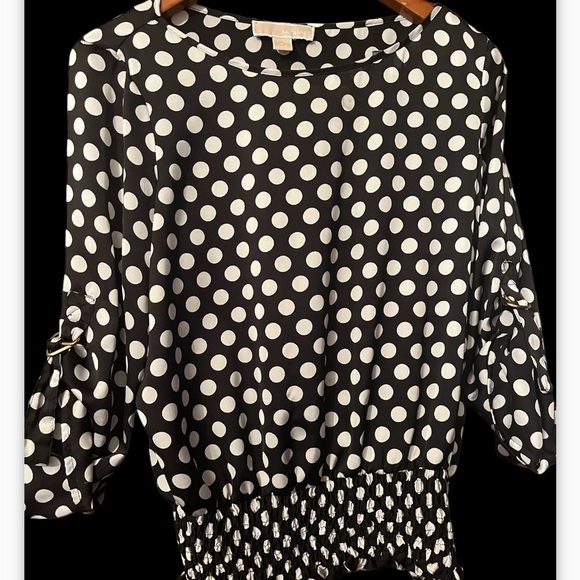 Michael Michael Kors Top Sz S Black and White Gathered Polka Dot Blouse - Picture 5 of 8